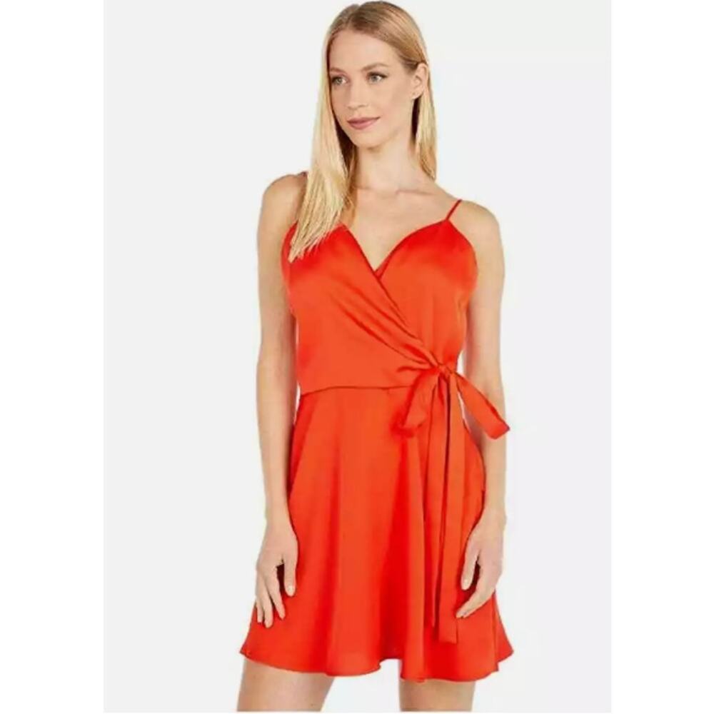 NEW Nordstrom Wayf Coral Orange Amery V Neck Faux Wrap Mini Dress Size XS